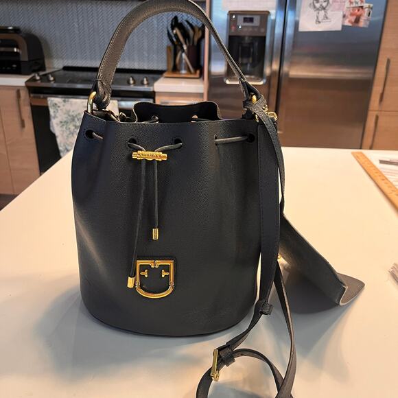 Furla Corona Gray Leather Gold-tone Metal Drawstring Bucket Handbag - Picture 5 of 11